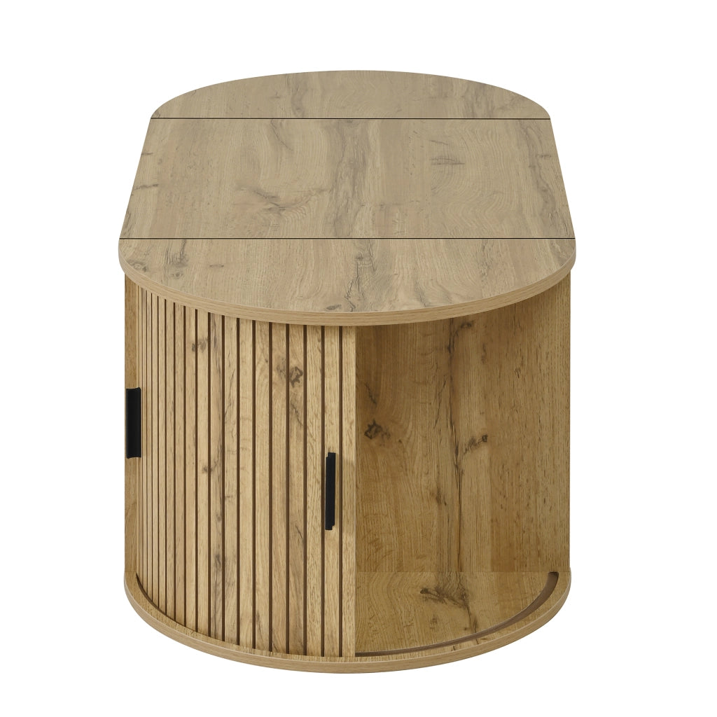 Tavolino da salotto ovale 100 × 50 × 40,5 cm con piano regolabile ante scorrevoli in MDF color rovere e ripiani aperti