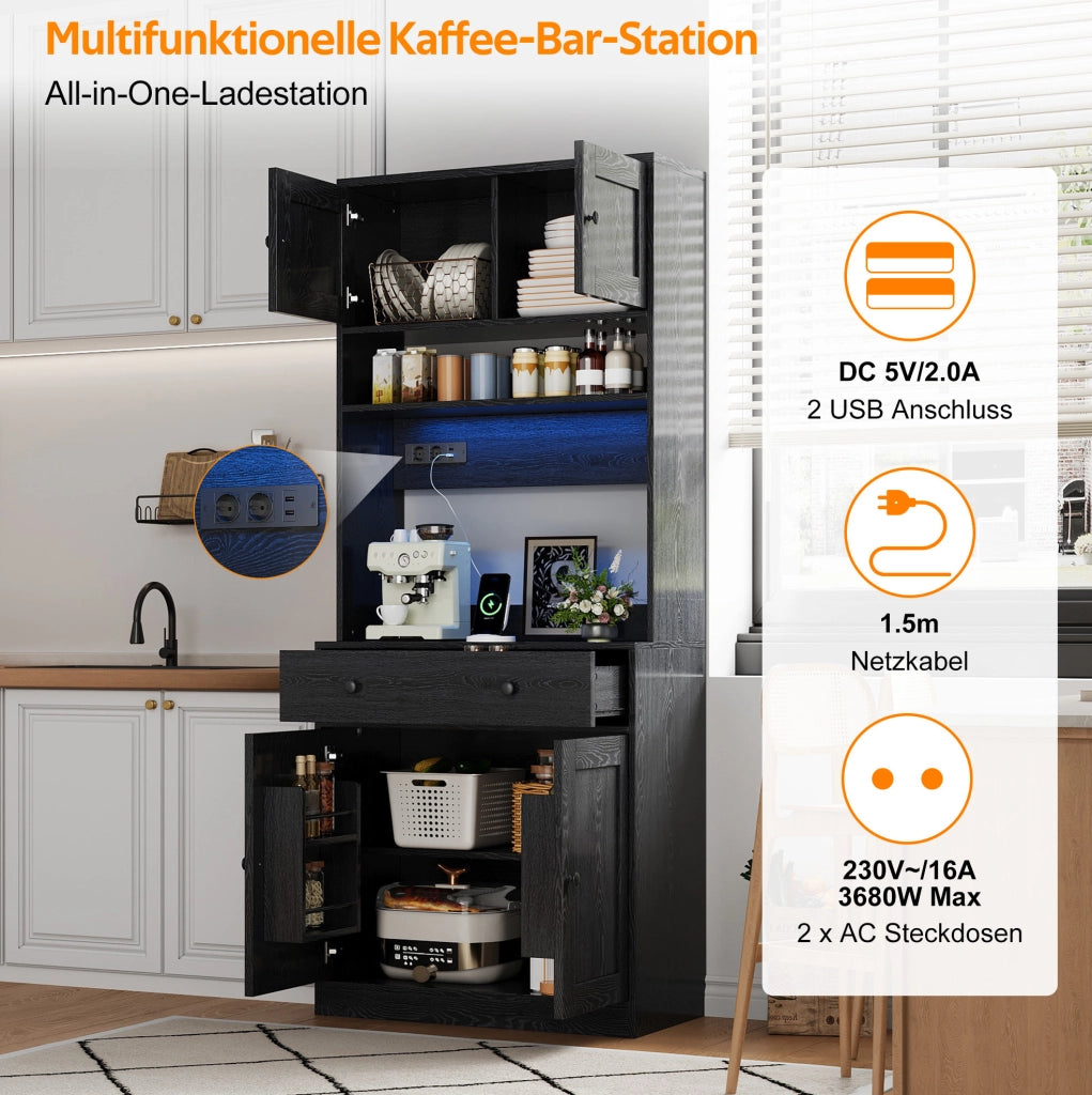 Mobile alto da cucina nero 72 × 40 × 180 cm con LED e prese USB