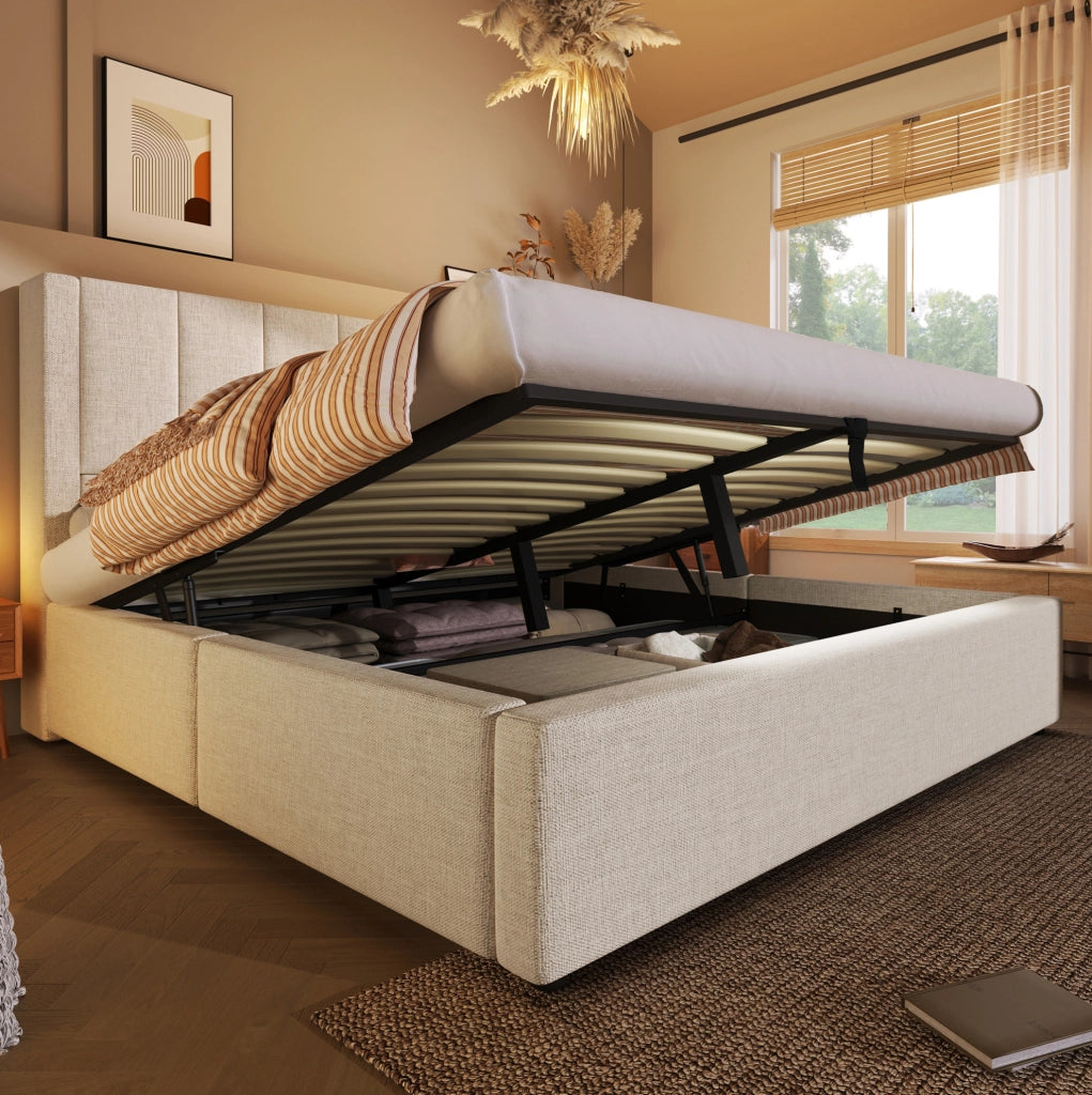 Letto imbottito 140 × 190 cm con contenitore idraulico; USB e Type-C; lino beige