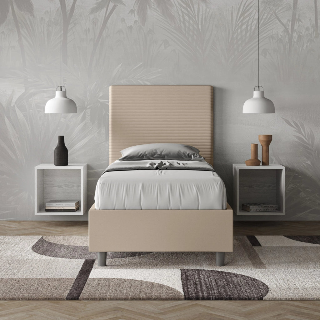 Letto Singolo rivestito in Similpelle 90x210 Con Rete Focus Tortora
