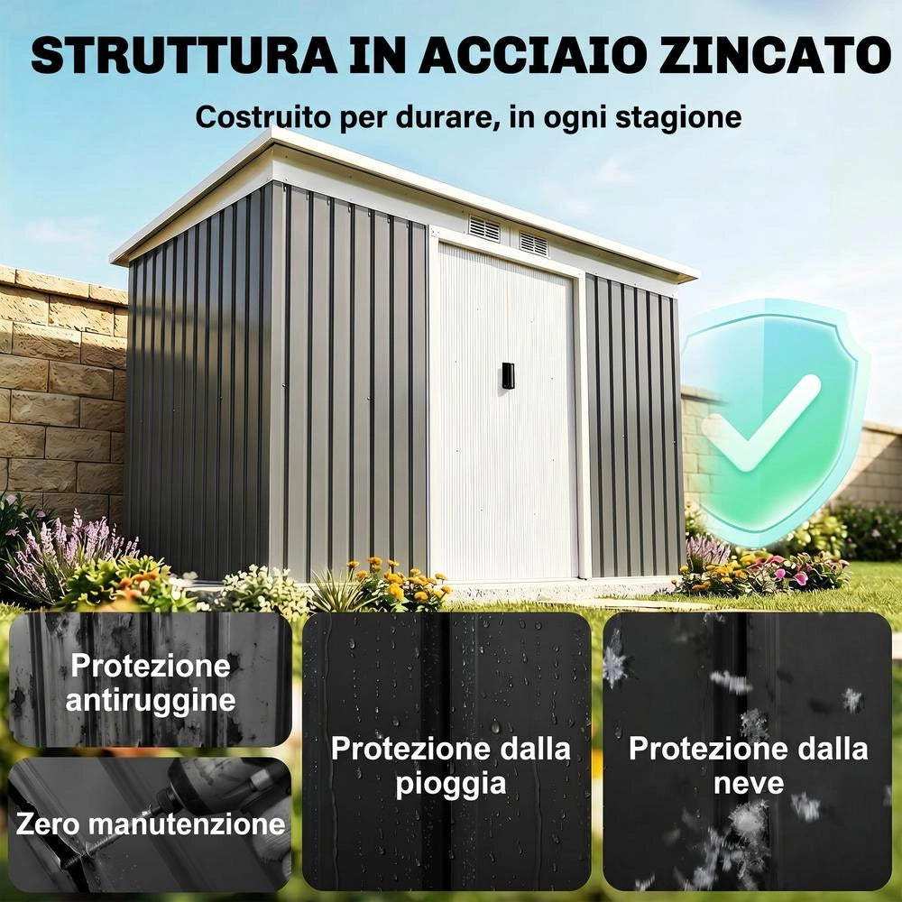 Casetta da Giardino Porta Attrezzi in Acciaio Galvanizzato con Porte Scorrevoli 280x130x172cm Grigio-Nero Robusto Capanno per Esterno