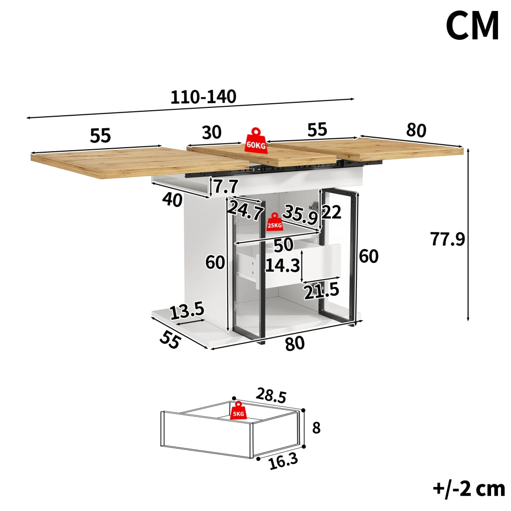 Tavolo da pranzo estensibile con contenitore due cassetti ante scorrevoli in vetro MDF bianco con illuminazione RGB