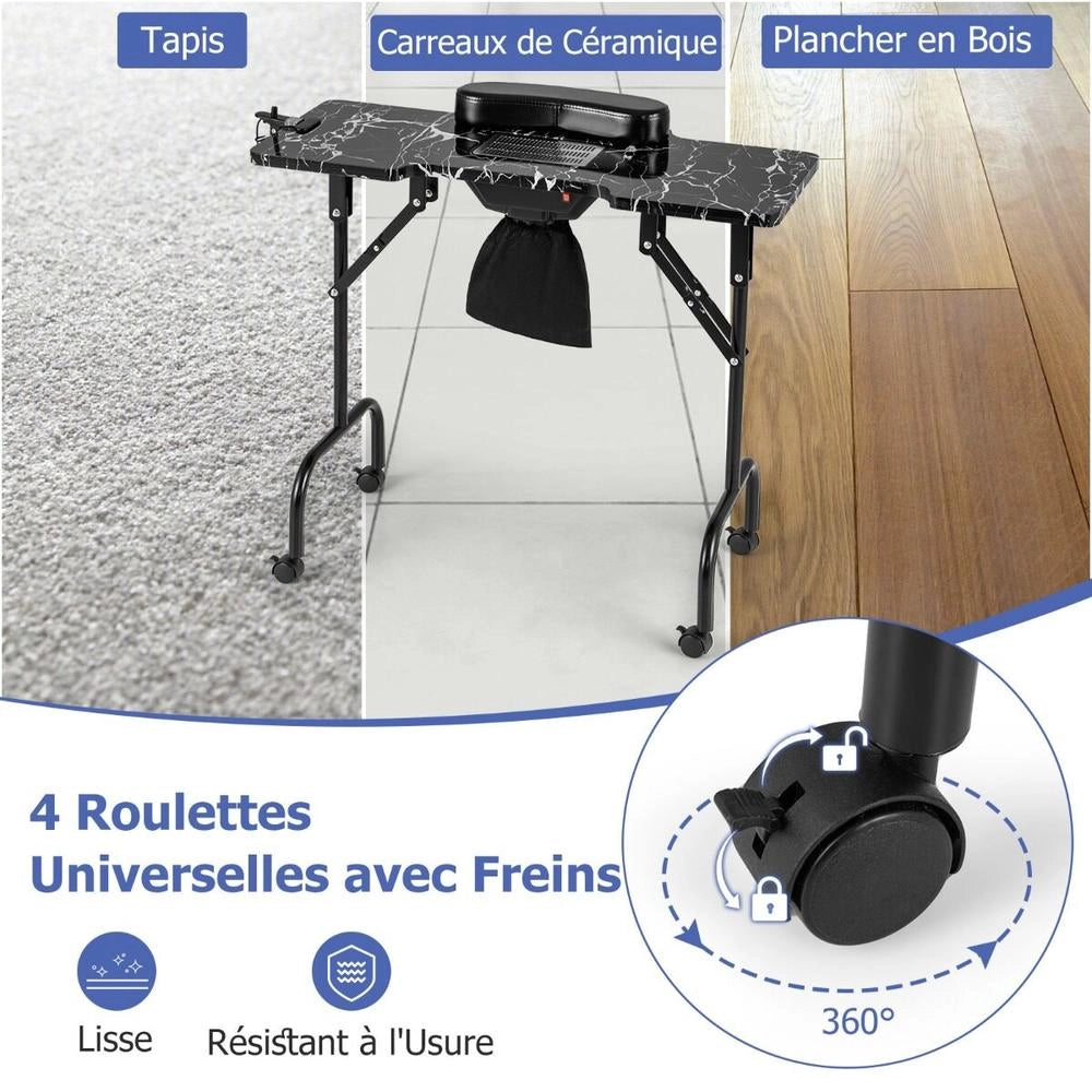 Tavolo per Manicure Pieghevole Nero con Aspiratore Polvere Lampada LED e Borsa da Trasporto per Ricostruzione Unghie