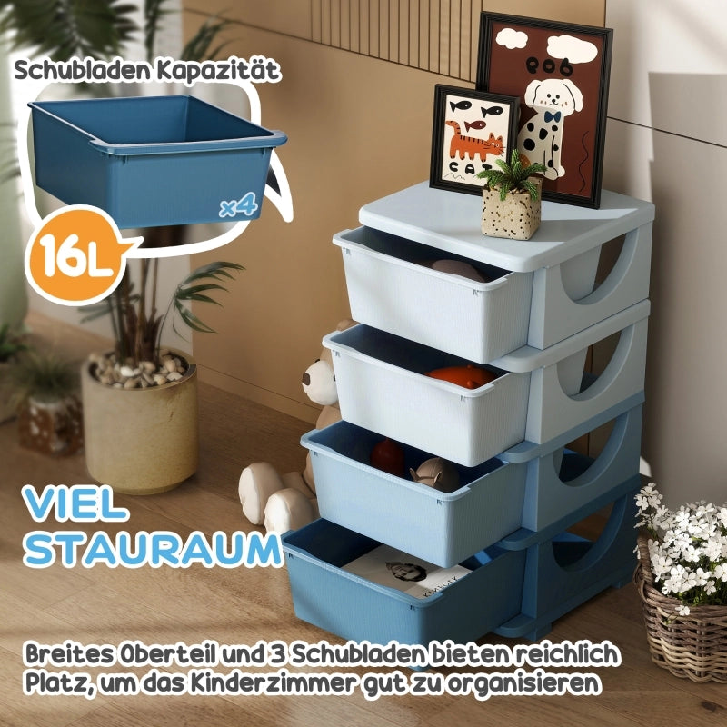 Mobile contenitore per bambini con 4 cassetti estraibili in plastica blu 37 × 37 × 76 cm