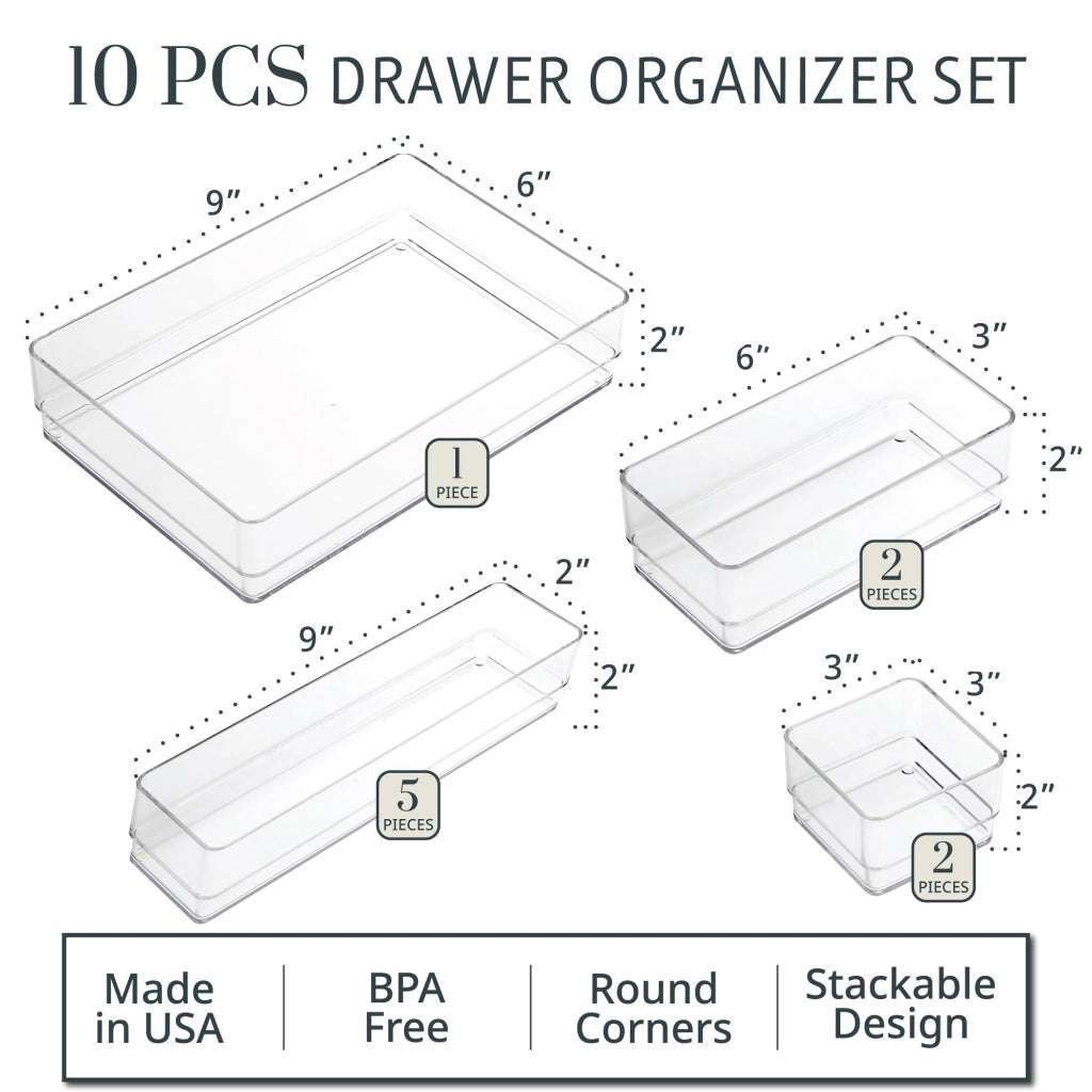 Set di organizer per cassetti, 10 pezzi, trasparenti, impilabili