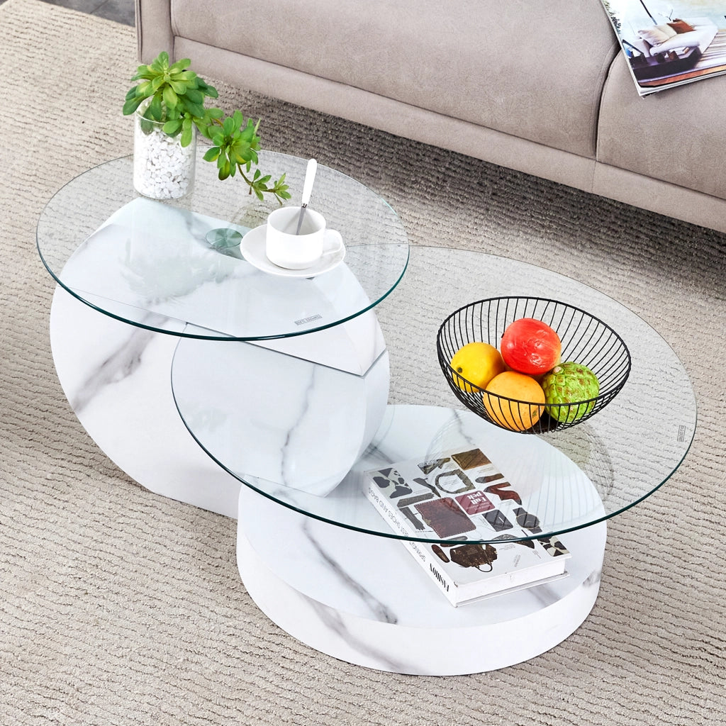 Tavolino da caffè a 2 livelli con vetro di sicurezza Ø50/70 cm; struttura in MDF bianco e trasparente