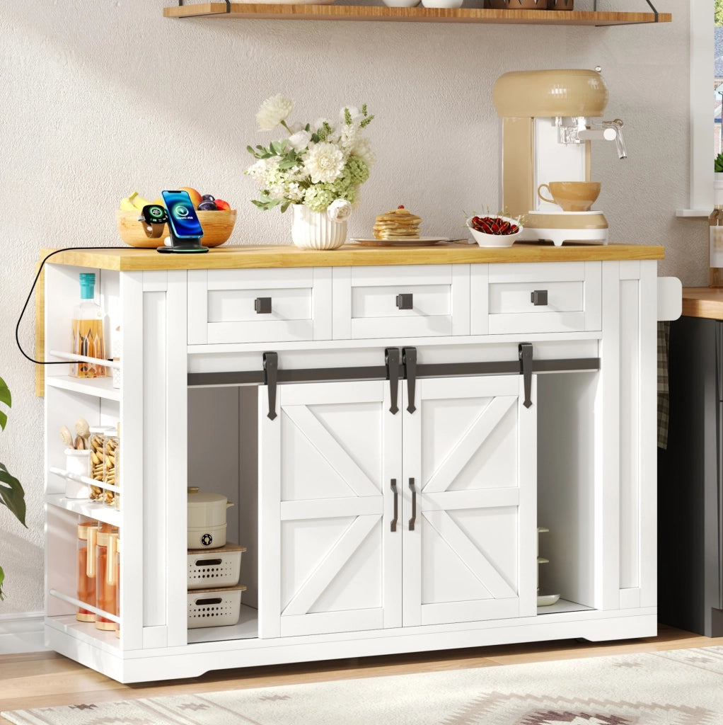 Isola da cucina mobile in MDF con piano ribaltabile, ruote bloccabili e prese integrate, 130 × 50(80) × 87 cm