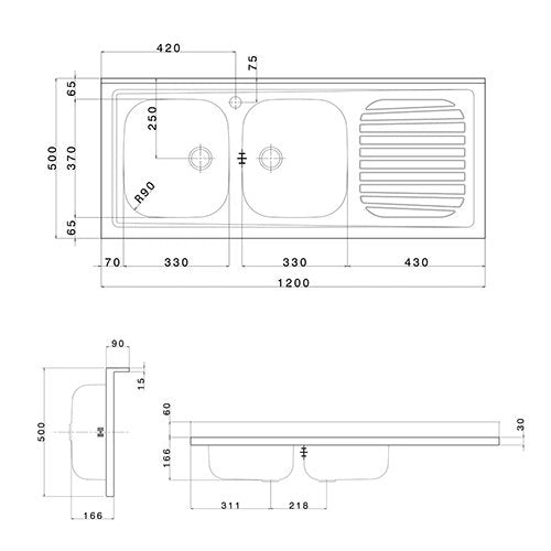 Lavello appoggio in acciaio inox 120 cm due vasche appoggio dx - Cromo
