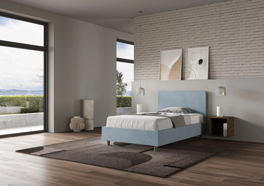 Letto Singolo Imbottito in Microfibra 100x210 Con Rete e Contenitore Adele Azzurro