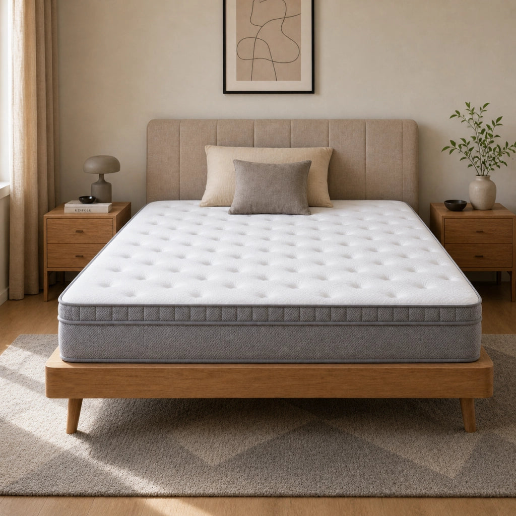Materasso IVMEU 140x200 cm alto 25 cm, in schiuma e molle con 7 zone e bordi rinforzati, bianco antico