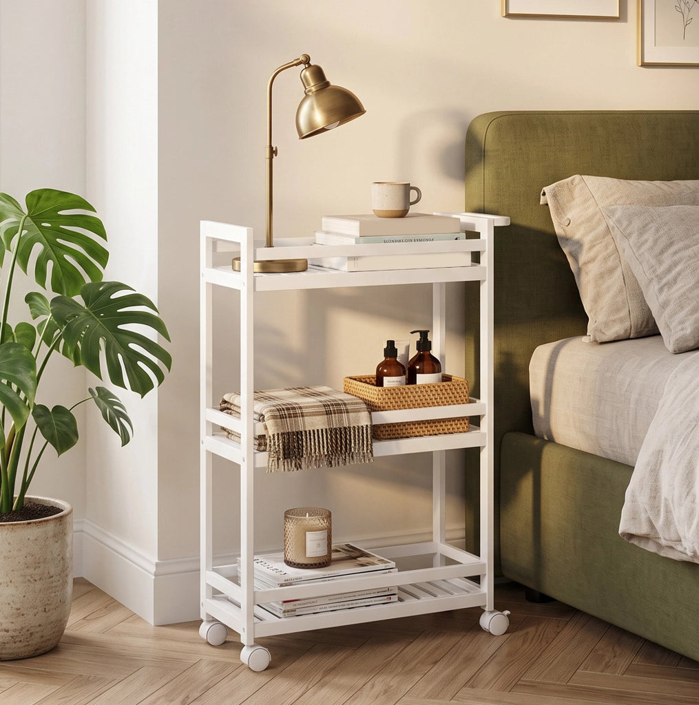 Carrello da cucina a 3 ripiani in bambù con protezione anti-caduta, 55 x 20 x 75 cm
