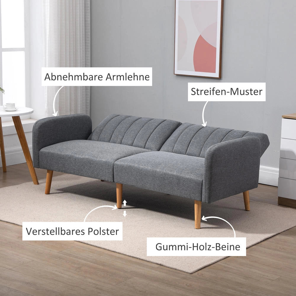 Divano Letto 2 Posti in Tessuto Effetto Lino e Legno Grigio Salvaspazio con Schienale Regolabile per Soggiorno 173 x 75 x 73 cm
