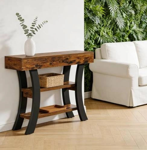 Consolle ingresso 105x30x80 cm con 3 ripiani in MDF e metallo; nero e marrone rustico