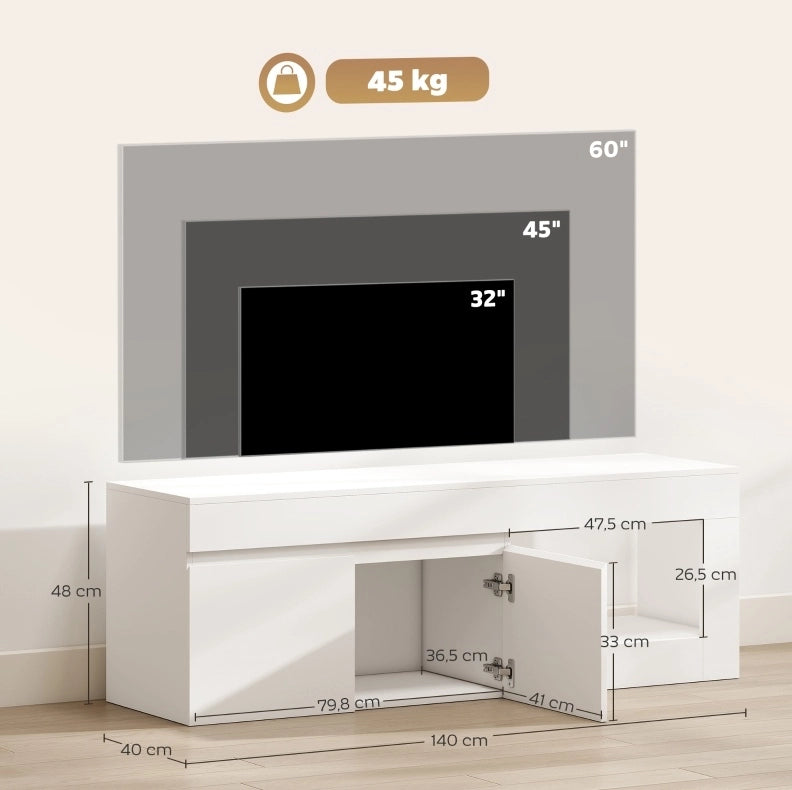 Mobile TV bianco da 140 cm con 2 ante e vano aperto, fino a 60 pollici