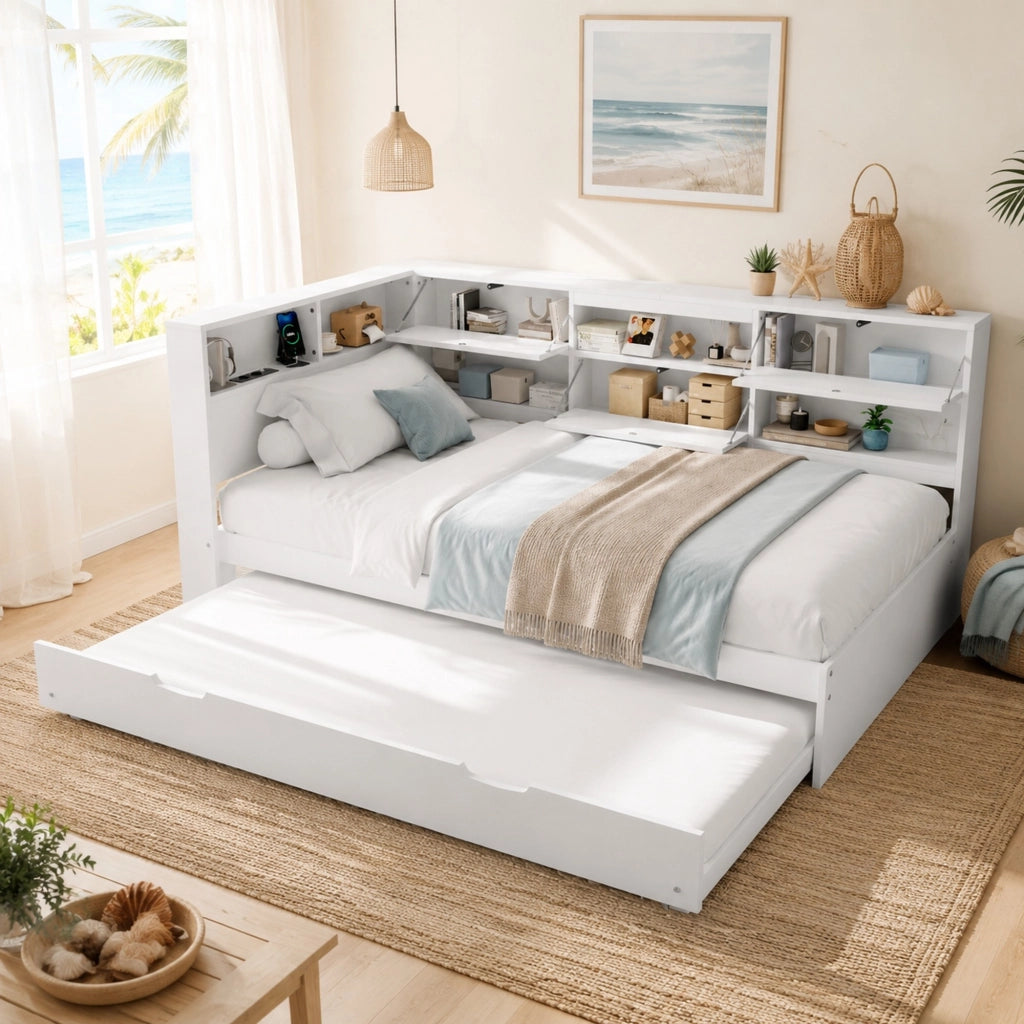 Divano letto 216,5x110,5x88,5 cm estraibile con contenitore, USB e USB-C, in legno bianco per piccoli spazi
