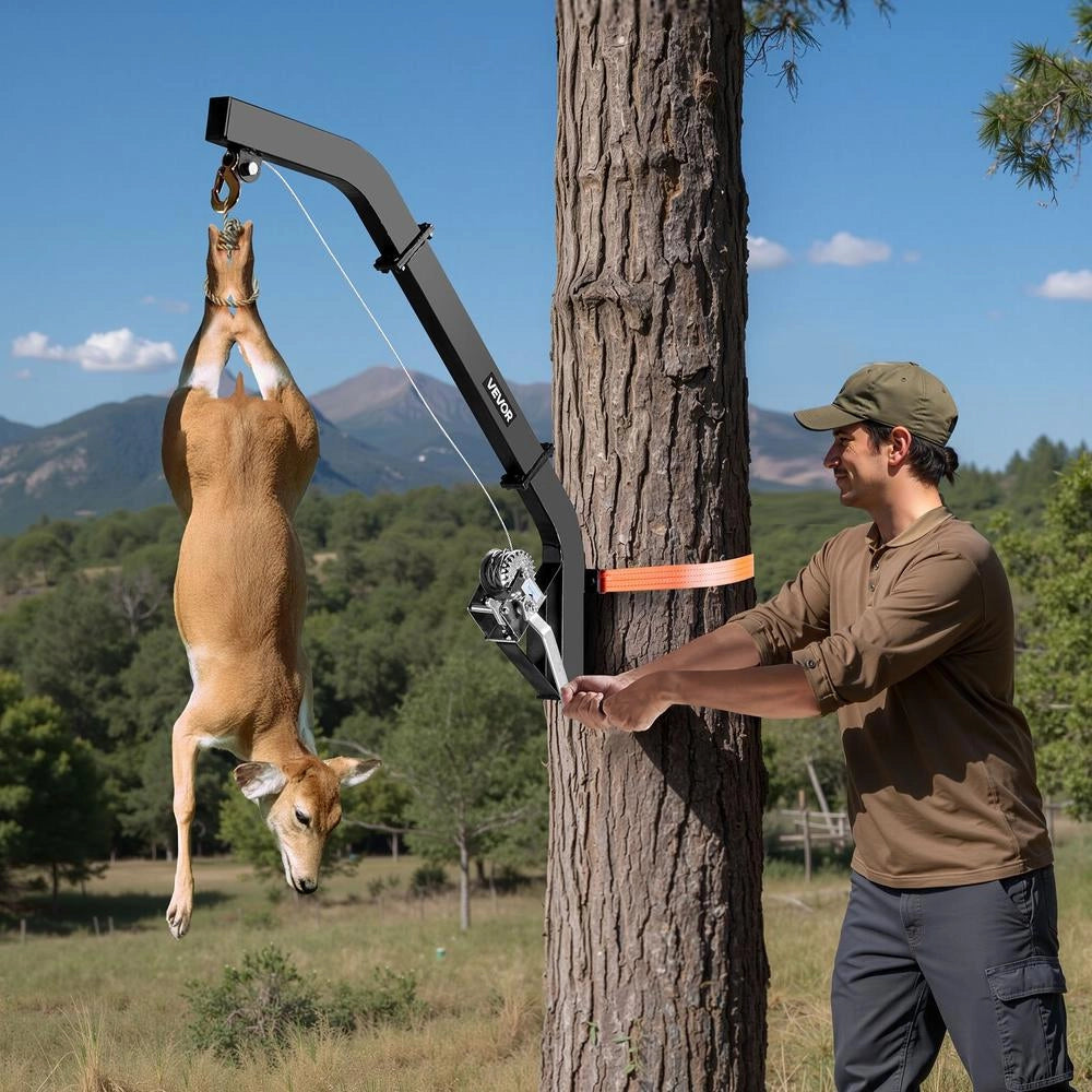 Argano Manuale da Albero HXCZDJ-16 in Acciaio Q235 Portata 160 kg con Cinghia a Cricchetto e Gancio di Sollevamento per Esterno Robusto Nero