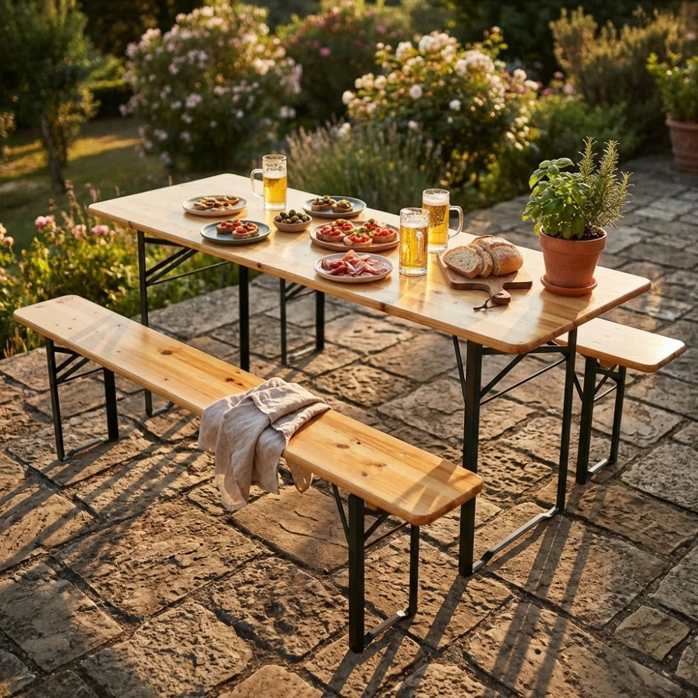 Set Birreria con Tavolo e Panche Pieghevoli in Legno e Acciaio Setbrewery Marrone