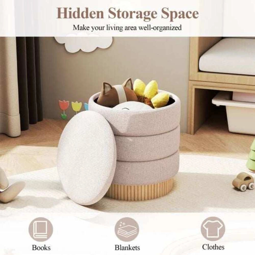 Pouf Contenitore Rotondo in Ciniglia e Legno di Pino Beige Sgabello Poggiapiedi Salvaspazio per Soggiorno e Camera da Letto