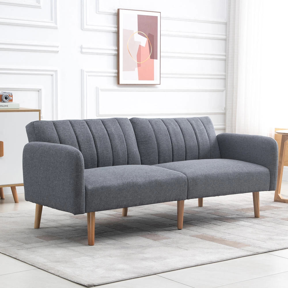Divano Letto 2 Posti in Tessuto Effetto Lino e Legno Grigio Salvaspazio con Schienale Regolabile per Soggiorno 173 x 75 x 73 cm