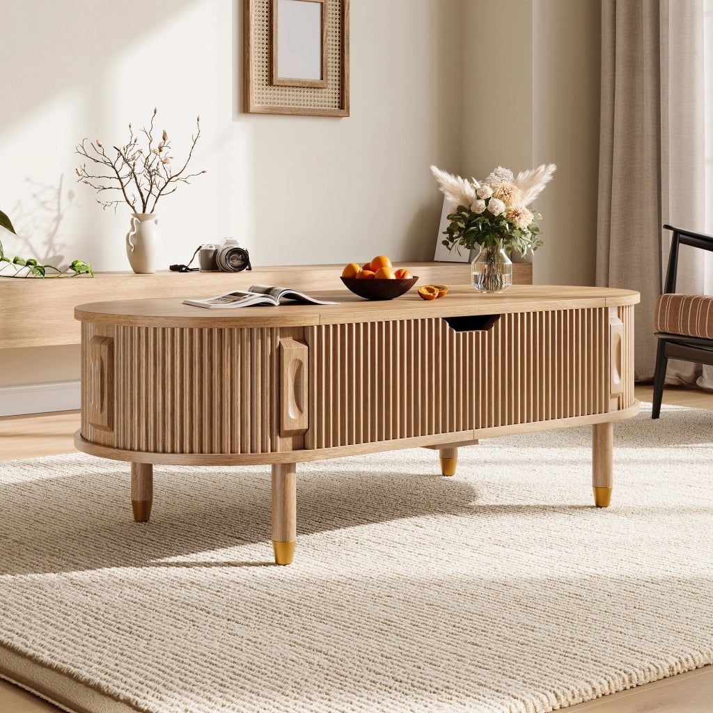 Tavolino da salotto ovale con piano sollevabile idraulico e contenitore in MDF naturale con piedi in legno di gomma