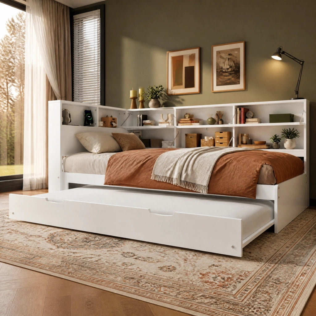Divano letto 216,5x110,5x88,5 cm estraibile con contenitore, USB e USB-C, in legno bianco per piccoli spazi