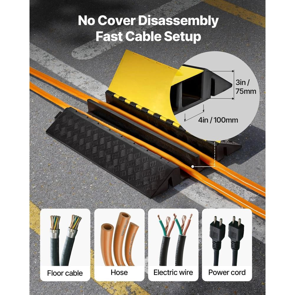 Rampa Passacavo a 2 Canali DRX-R2-1 in Gomma e PVC, Dosso Rallentatore con Coperchio Apribile, Canale 100 x 75 mm, Portata 9979 kg, Nero e Giallo
