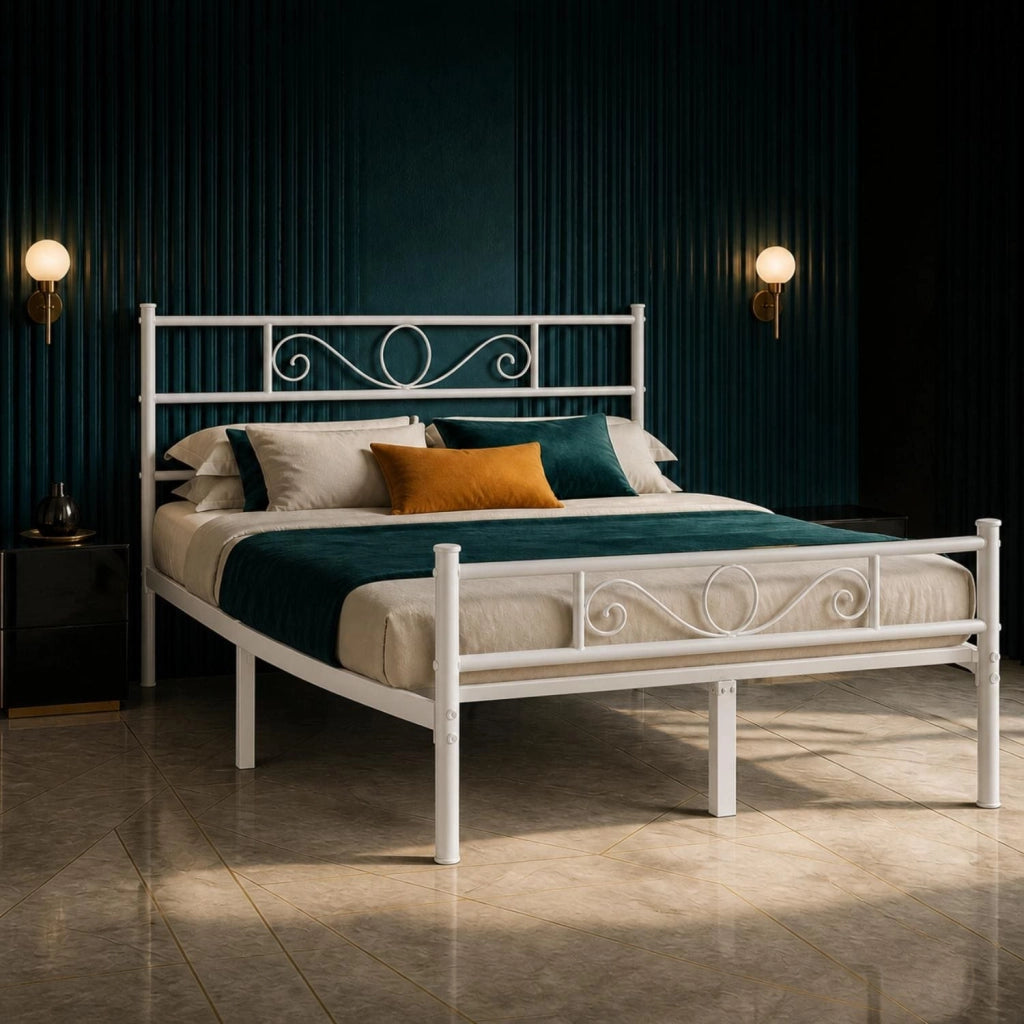 3. Struttura Letto Matrimoniale Con Decorazione In Acciaio Al Carbonio Rete A Doghe Metalliche Design Elegante Minimal Per Camera Da Letto Stanza Ospiti 207 X 162 X 88.5 Cm Colore: Bianco