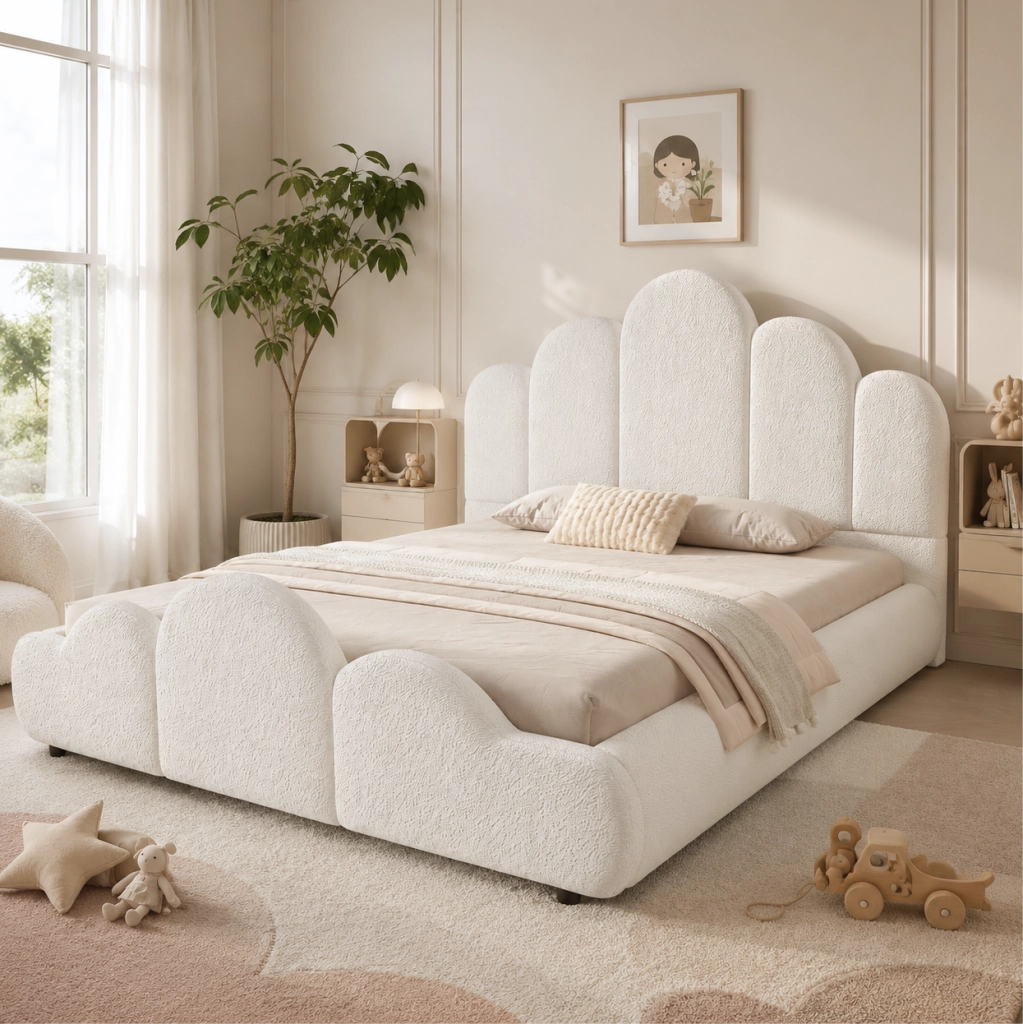 Letto imbottito per cameretta IVMEU 140x200 cm con testiera e forme arrotondate, rivestimento boucl¨¦ beige