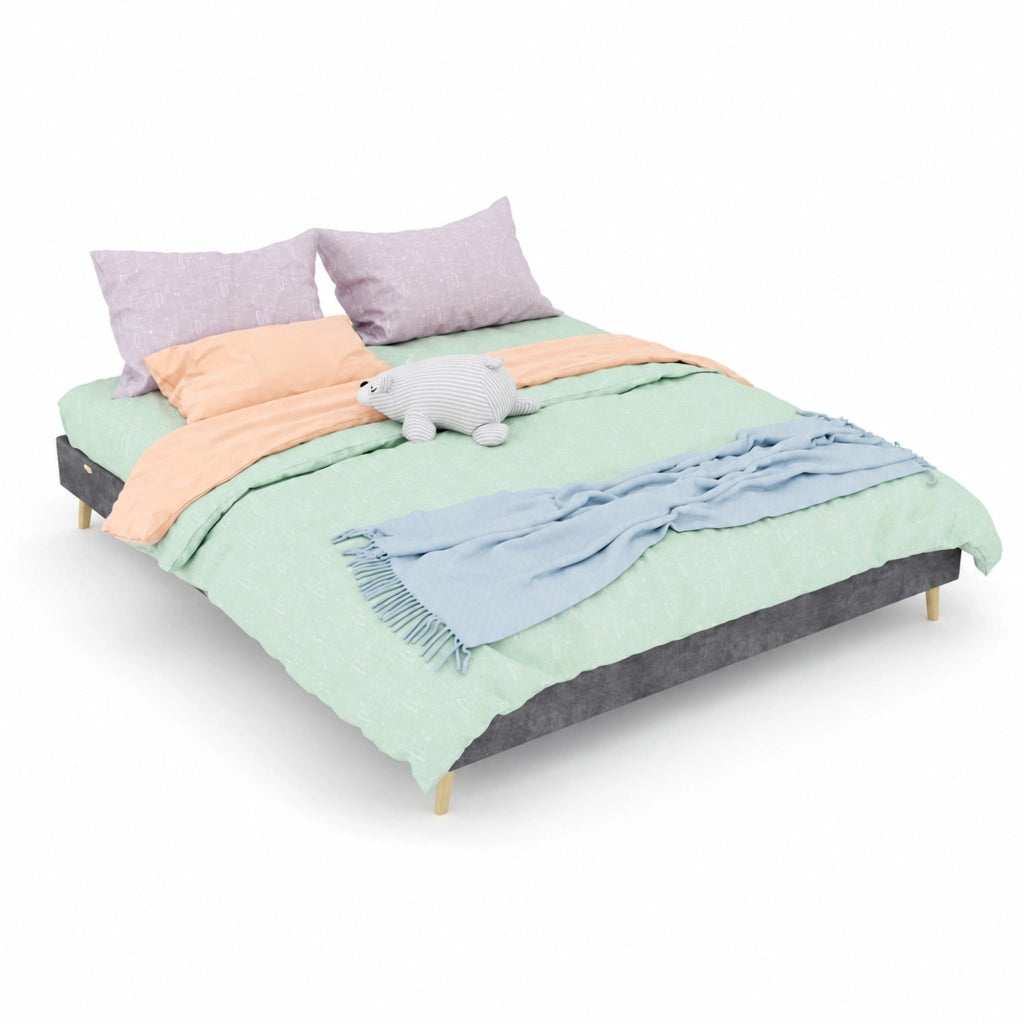 Telaio letto moderno minimalista 160x200 cm in velluto grigio, struttura robusta senza box contenitore, senza testiera e materasso