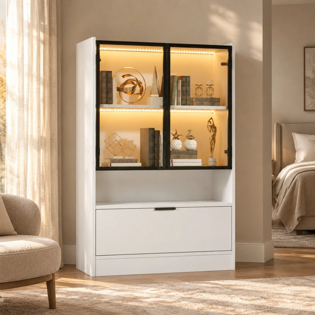 Vetrina con illuminazione LED 80x35x120 cm; ante in vetro e vano ribaltabile; truciolato bianco opaco