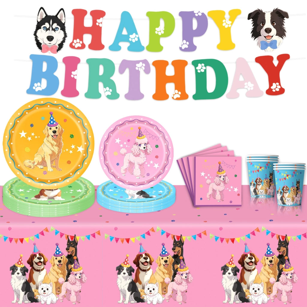 Set di decorazioni per la festa di compleanno del cane, con piatti, bicchieri, tovaglioli e tovaglia