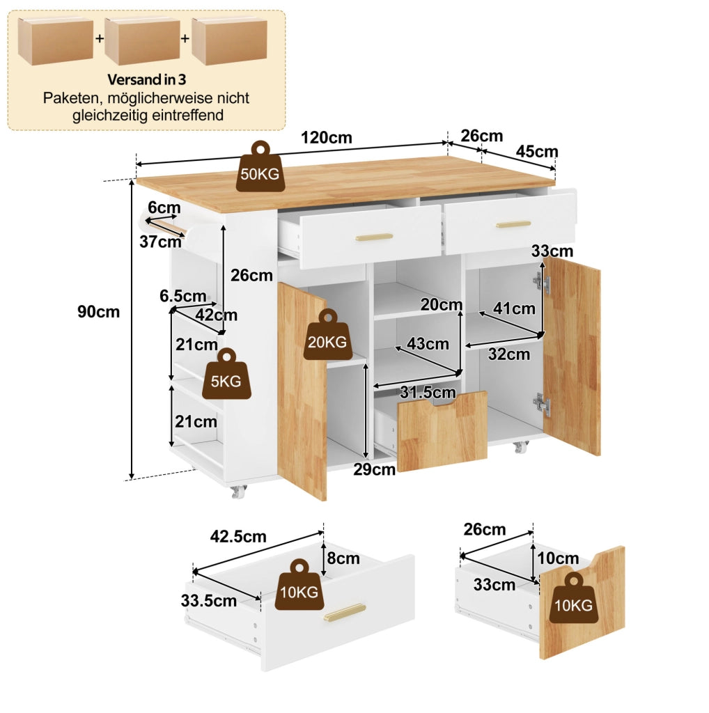 Isola da cucina mobile con piano lavoro ribaltabile, carrello con 3 cassetti grandi, ripiani porta spezie e ruote bloccabili, 120 × 45(71) × 90 cm
