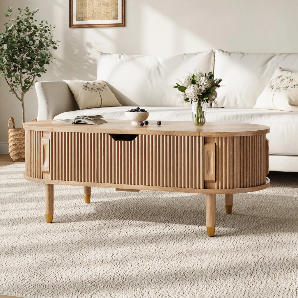 Tavolino da salotto ovale con piano sollevabile idraulico e contenitore in MDF naturale con piedi in legno di gomma