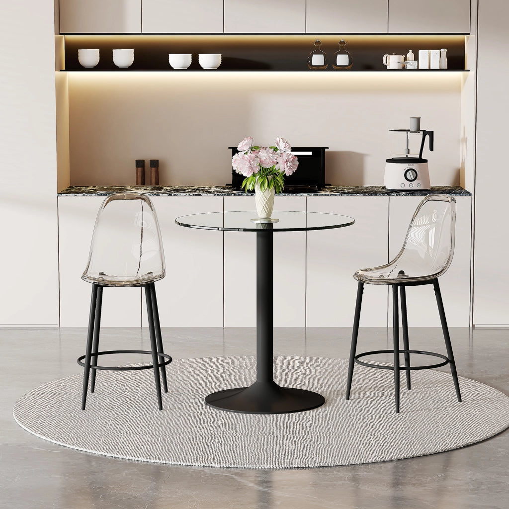 Set da bar 3 pezzi con piano in vetro trasparente; metallo nero e plastica trasparente