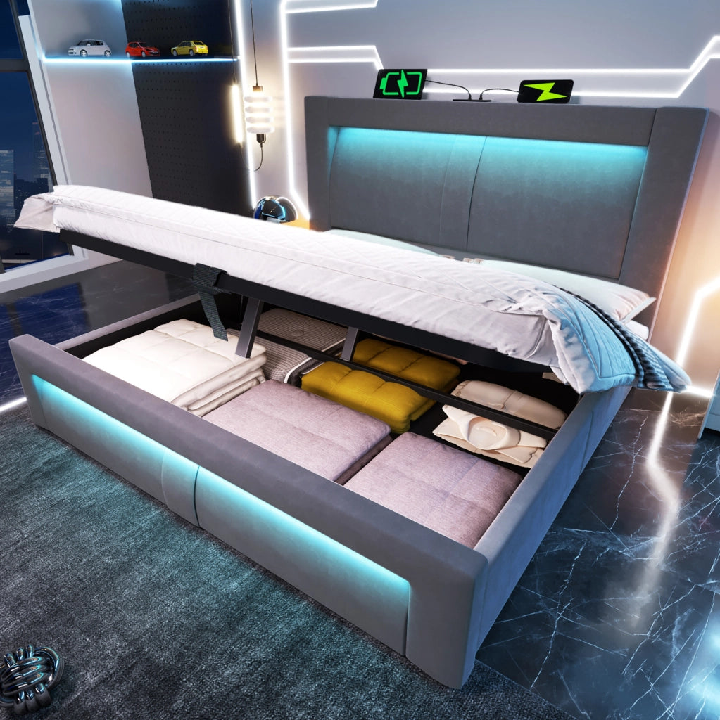 Letto contenitore 180 × 200 cm con LED; USB e Type-C; velluto grigio