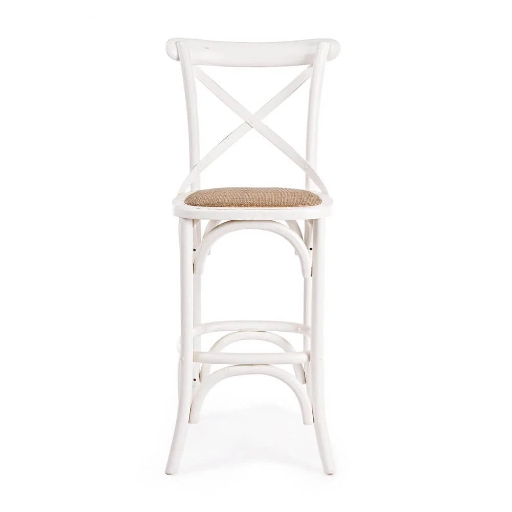Sgabello da Bar in Legno di Olmo con Seduta in Rattan Cross Bianco