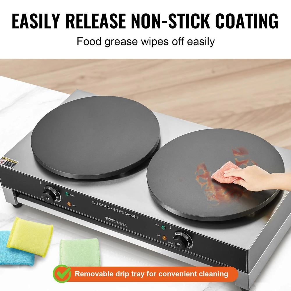 HT-2E Crepiera Elettrica a Doppia Piastra 406 mm in Acciaio Inox, Piastra per Crepes 6000 W Robusta e Facile da Pulire, Fornello Circolare Argento