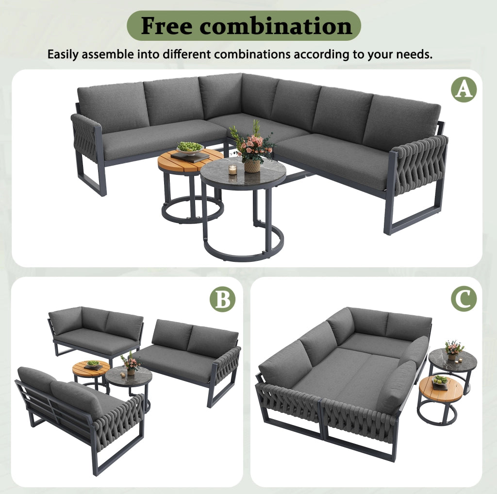 Set lounge da giardino ULEVR modulare grigio con 3 divani, 2 tavolini e cuscini sfoderabili
