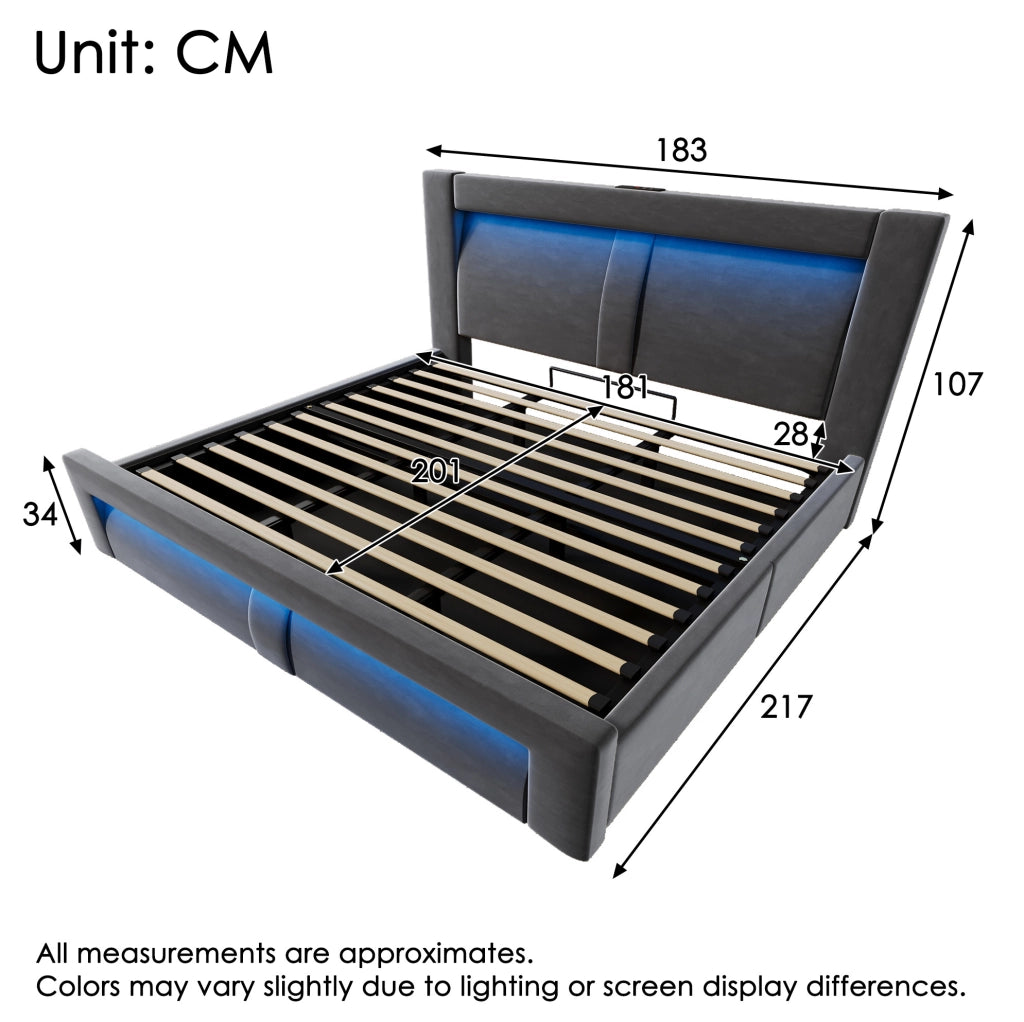 Letto contenitore 180 × 200 cm con LED; USB e Type-C; velluto grigio