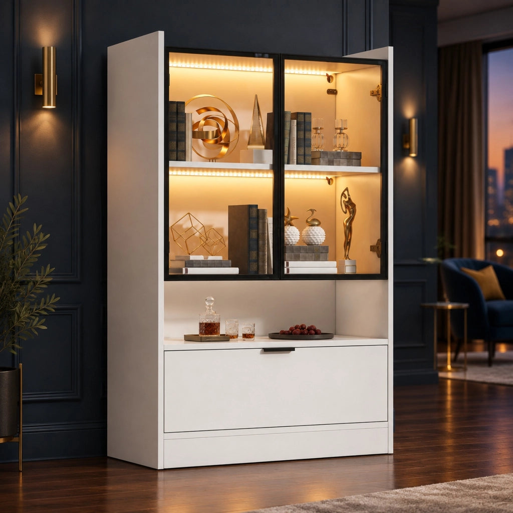 Vetrina con illuminazione LED 80x35x120 cm; ante in vetro e vano ribaltabile; truciolato bianco opaco