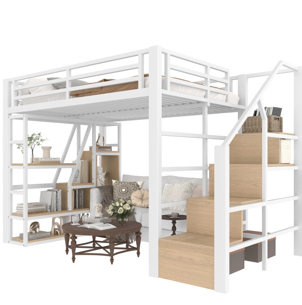 Letto a soppalco 140x200 cm in metallo e MDF, con scala integrata, ripiani e LED, bianco