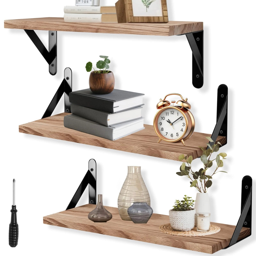 Set di 3 mensole a parete, in legno, dimensioni 40x15x1,5 cm, complete di supporti