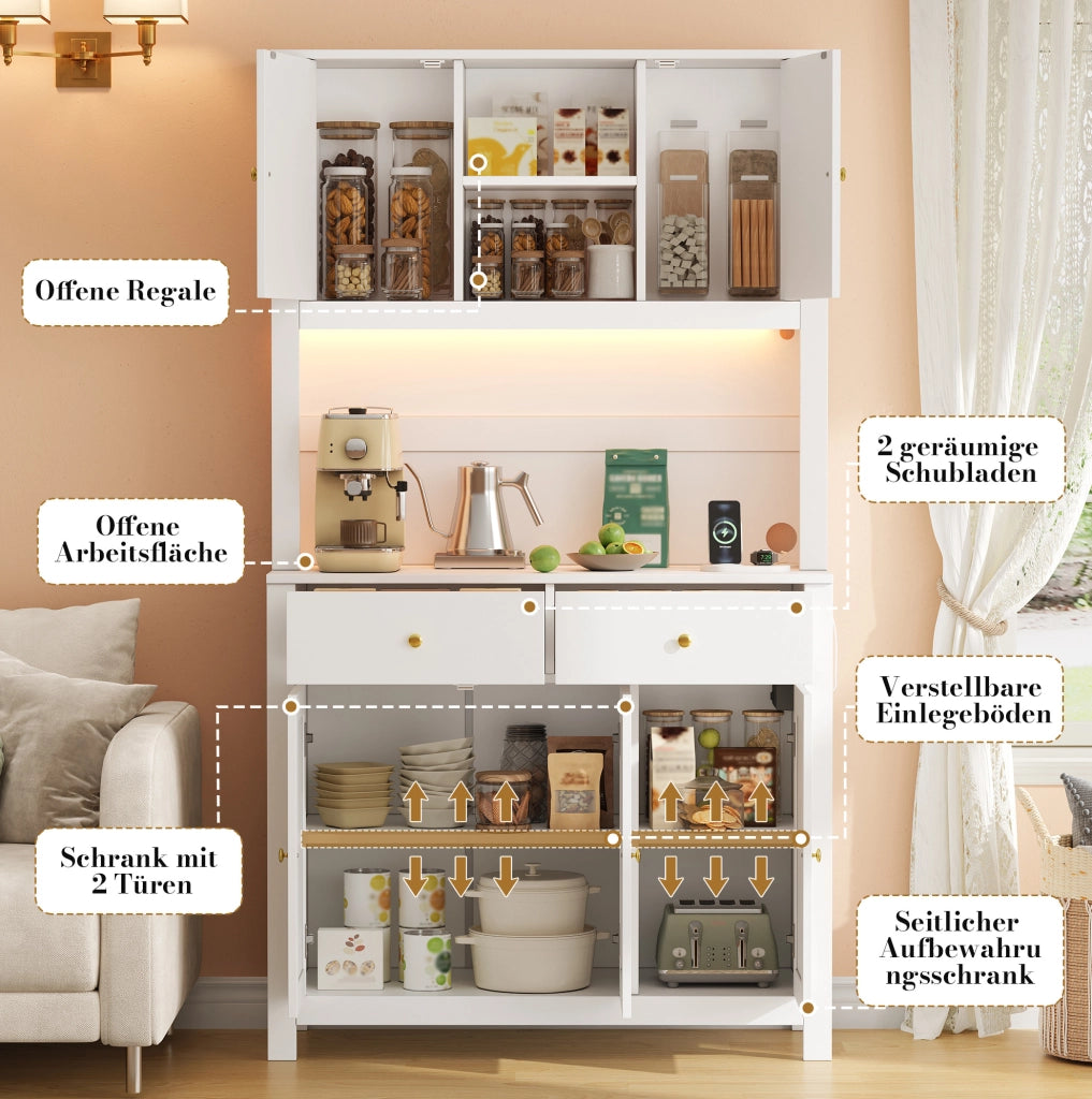 Mobile alto da cucina bianco in MDF con LED RGB e prese, 100 × 40 × 180 cm