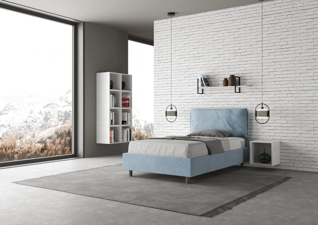 Letto una piazza e mezza rivestito in Microfibra con cuscini xl 110x190 Con Rete Antea Large Azzurro