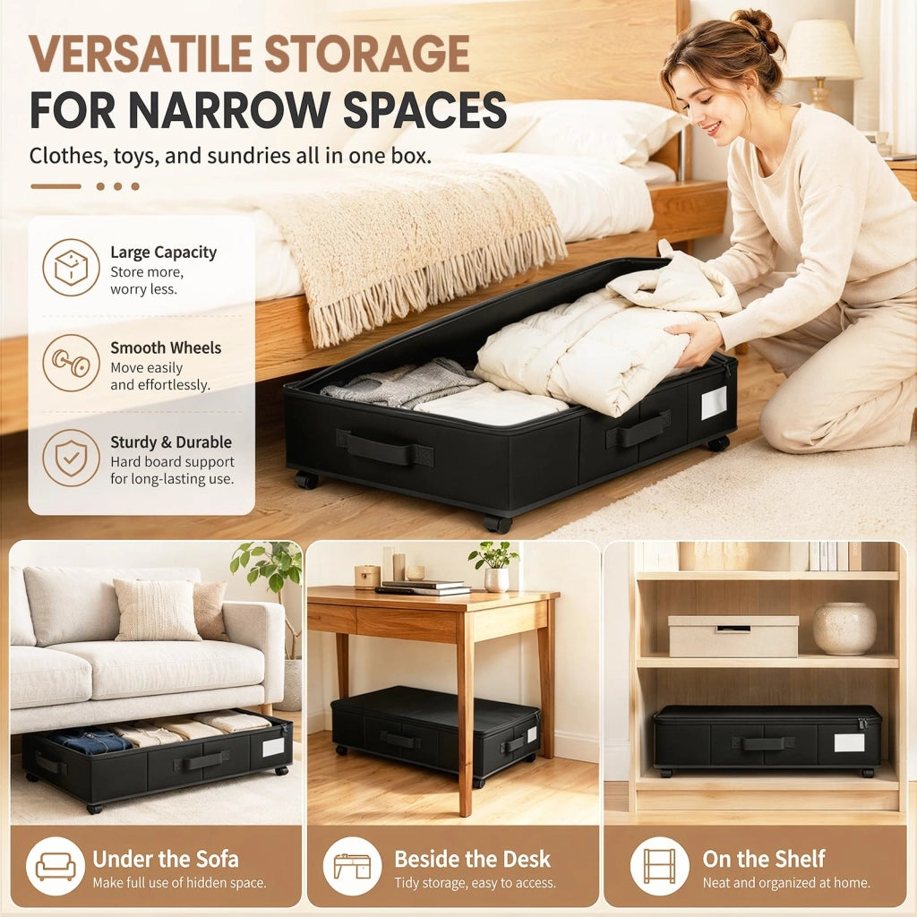 Comodino da sottoletto con ruote, 2 pezzi, pieghevole, colore nero