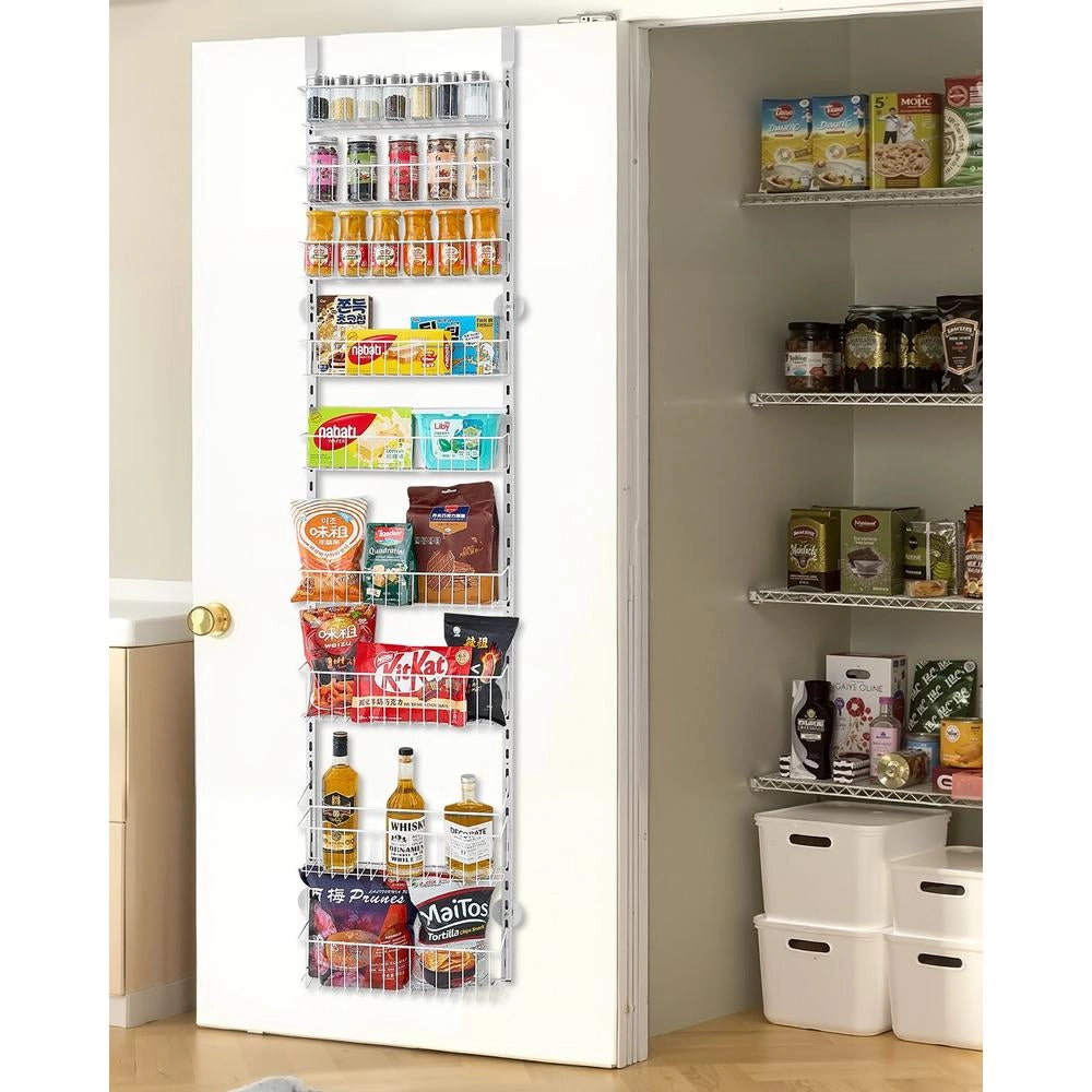 Organizzatore per Dispensa Sopra Porta a 9 Ripiani Regolabili, Scaffale Porta Spezie Sospeso in Acciaio, Salvaspazio per Cucina e Casa, Bianco DPO-9A