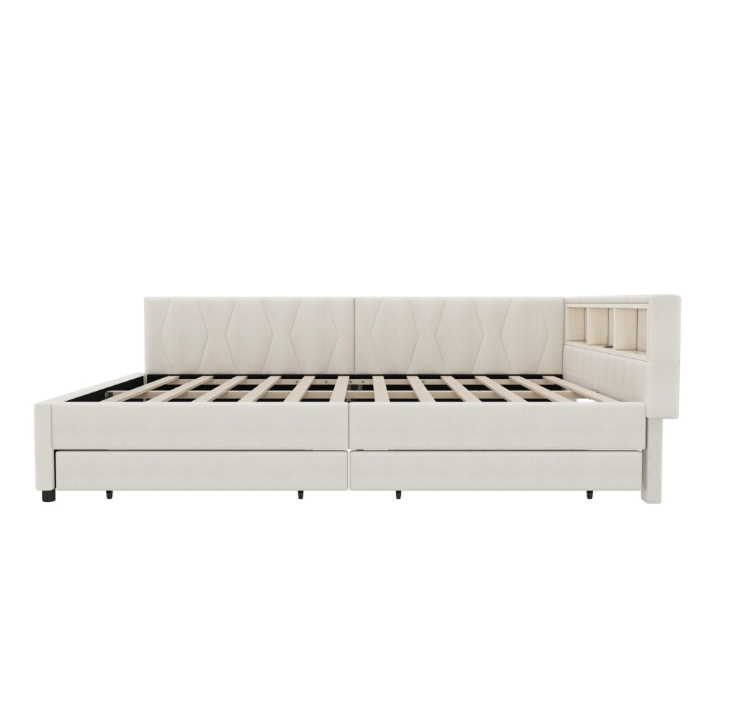 Daybed 140x200 cm in lino beige con LED ambientale, USB + Type C, 2 cassetti e vani laterali