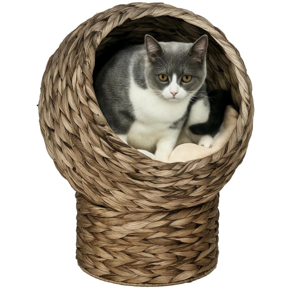 Cuccia per Gatti in Giacinto d'Acqua con Cuscino Morbido Cesta Rifugio Stabile e Confortevole per Animali Domestici Color Caffe 40 x 37 x 51 cm