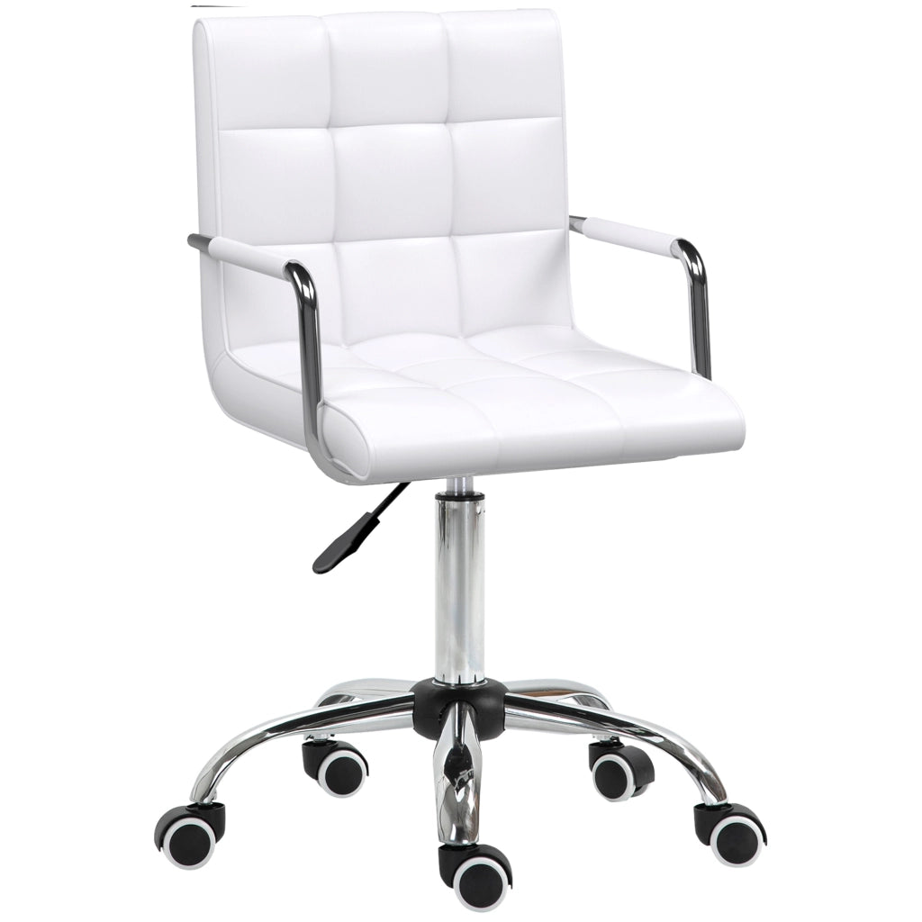 Sedia da ufficio girevole con altezza regolabile; braccioli e imbottitura; rivestimento in PVC bianco; con ruote
