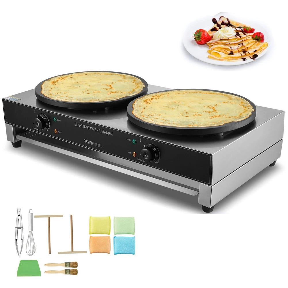 HT-2E Crepiera Elettrica a Doppia Piastra 406 mm in Acciaio Inox, Piastra per Crepes 6000 W Robusta e Facile da Pulire, Fornello Circolare Argento